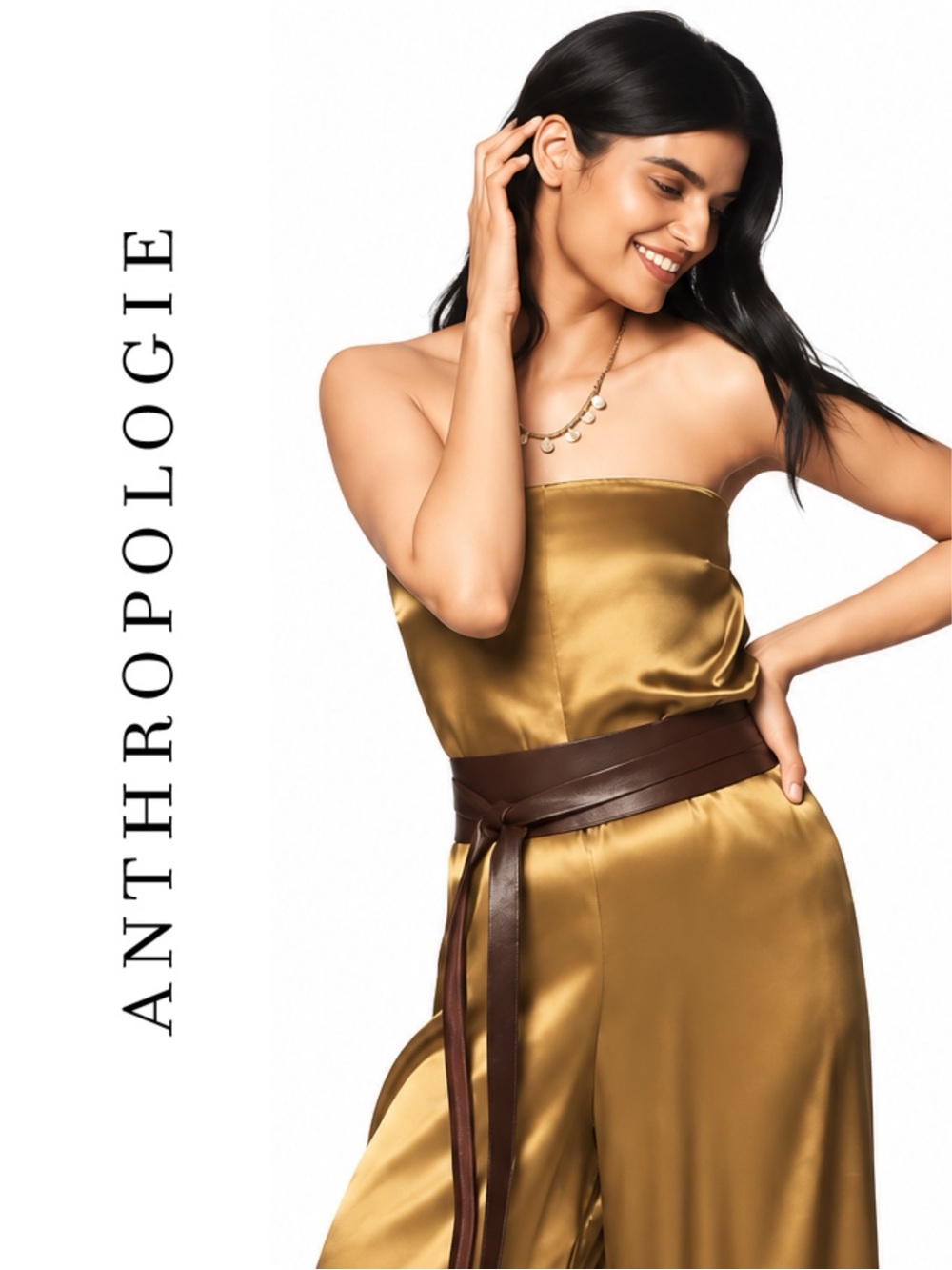 Anthropologie Fleur Strapless Satin Wide-Leg Jumpsuit